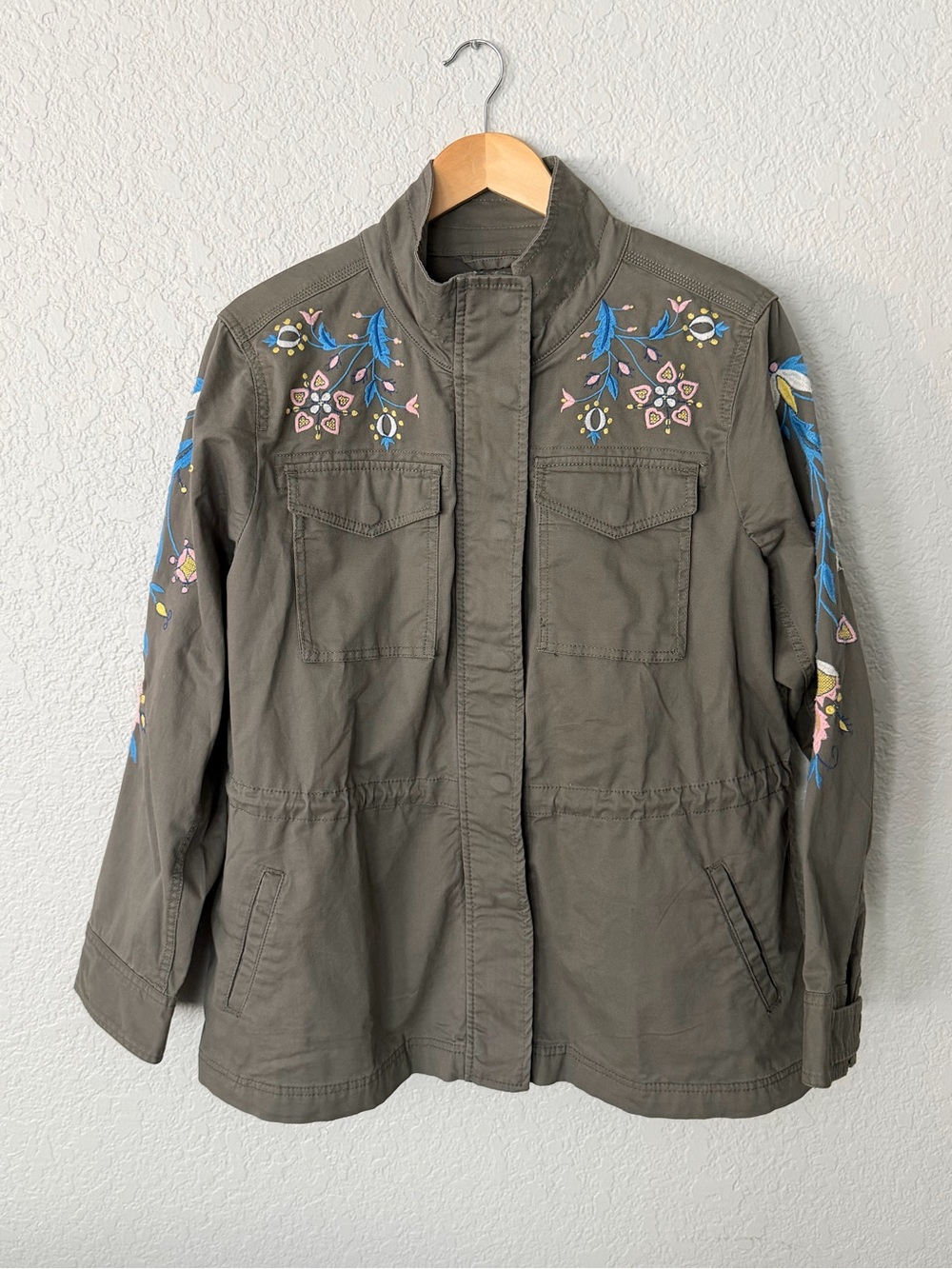 Style & Co. Olive Utility Jacket with Blue & Pink Embroidery